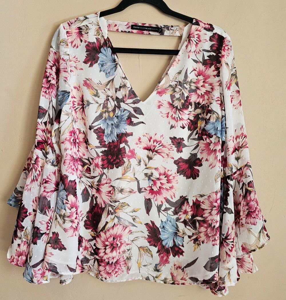 White House Black Market White  Floral Print Blouse, Size 8, fairy , light